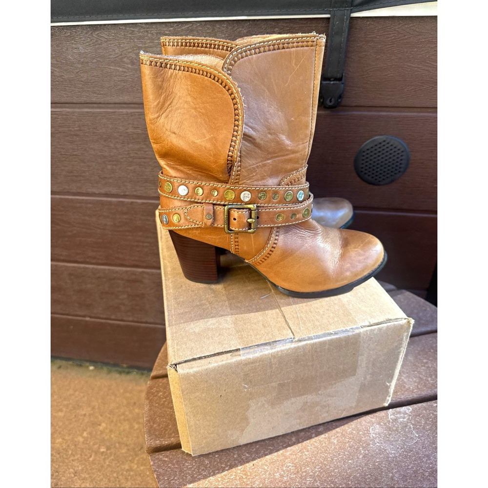 Fossil Women's Brown Leather Western Mid-Calf Studded Buckle Pull On 8.5